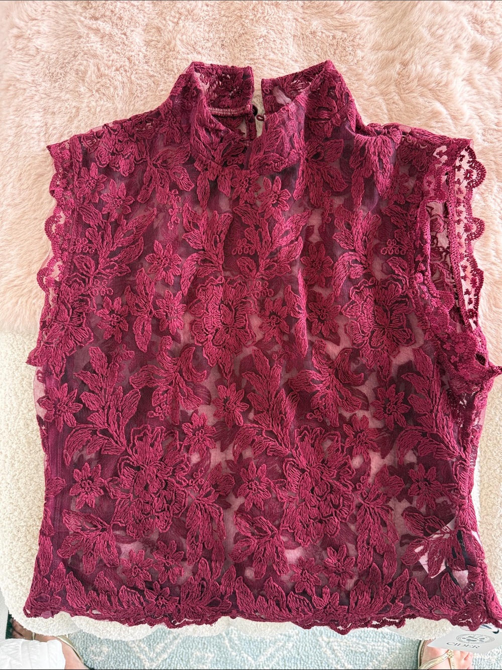 Cider Burgundy Floral Lace Mock-Neck Sleeveless Top